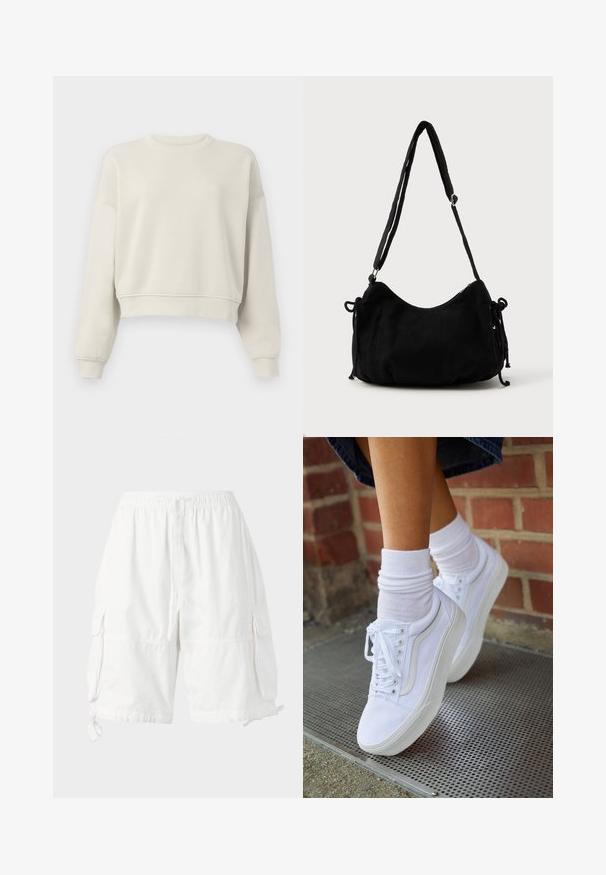 Lichtbeige cropped sweatshirt met lange mouwen, geribde kraag en manchetten, zachte stofstructuur, minimalistisch design, geen zichtbare patronen of accenten.; Witte cargoshorts met een elastische tailleband en trekkoord, voorzien van twee zijzakken en verstelbare hemkoordjes. Gemaakt van lichtgewicht stof.; Witte canvas sneakers met rubberen zolen, voorzien van zes vetertjes, een ronde neus en lichte stikdetails, gecombineerd met witte enkelsokken.; Zwarte corduroy schoudertas met een gebogen vorm, een verstelbare schouderband en trekkoordsluitingen aan beide zijkanten voor maataanpassing.