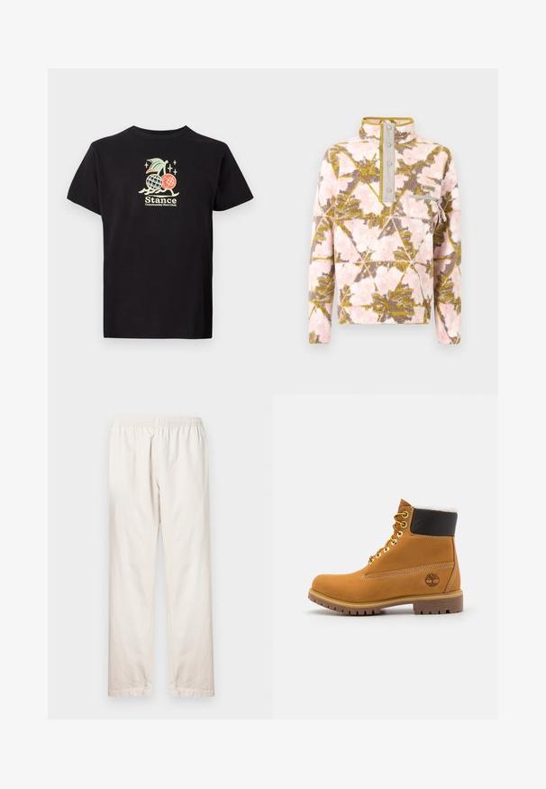 Roze en olijfkleurige fleece pullover met een ritssluiting en een borstzak met ritssluiting, met een abstract bladpatroon.; Zwarte katoenen t-shirt met een kleurrijke grafische print van een ananas en kersen, tekst luidt "Stance Community Run Club." Korte mouwen.; Lichtbeige broek met een elastische tailleband, rechte pijpen en een gladde katoentextuur. Eenvoudige, onopgesmukte stijl.; Bruine leren enkellaars met metalen oogjes, witte faux bont voering, zwarte gewatteerde kraag, robuuste zool en een reliëflogo aan de zijkant.