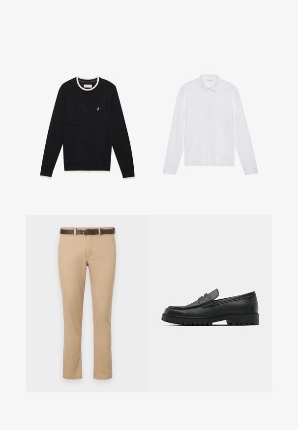 Suéter negro de manga larga hecho de material de punto, con un cuello redondo y puños acanalados de color crema, y un pequeño emblema de ave en el pecho.; Camisa blanca de manga larga con cuello puntiagudo, cierre frontal de botones y puños redondeados, que presenta una textura de tela suave y lisa.; Pantalones caqui de corte recto, fabricados en algodón, con un cinturón de cuero marrón y una hebilla de plata. Textura suave, sin patrones.; Mocasines de cuero negro con punta redonda, que cuentan con un diseño cosido, suela de plataforma baja y una suela de goma texturada y con tacos.