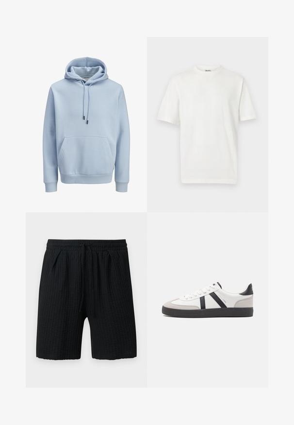 Sweat à capuche bleu clair avec poche kangourou devant, capuche à cordon de serrage, et poignets et ourlet côtelés.; T-shirt blanc uni à manches courtes et col rond côtelé, présenté sur un fond gris clair.; Short noir texturé avec taille élastique et cordon, muni de deux poches latérales et d'une coupe mi-cuisse.; Baskets blanches avec des accents noirs et gris, présentant un embout texturé gris, une semelle en caoutchouc noir et des lacets plats blancs. Design épuré, style minimaliste.