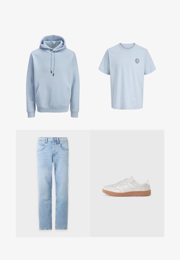 Sweat à capuche bleu clair avec poche kangourou devant, capuche à cordon de serrage, et poignets et ourlet côtelés.; T-shirt bleu clair à manches courtes et col rond avec un petit logo circulaire sur le côté gauche de la poitrine indiquant "Jack & Jones Depuis 1990."; Jean denim bleu clair à jambes droites avec poches avant, passants de ceinture et fermeture à boutons sur fond blanc.; Baskets argentées avec une texture lisse, un design à lacets, des accents perforés et une semelle en caoutchouc marron texturé.