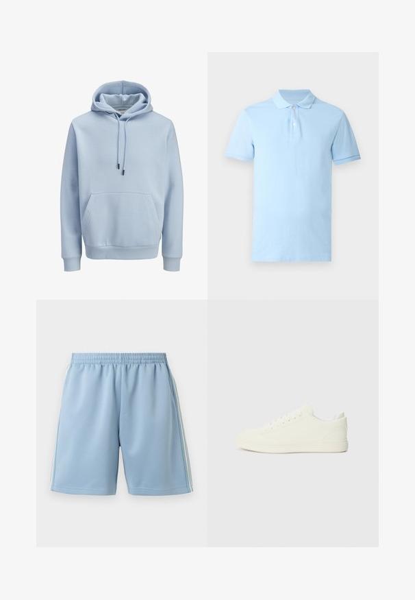Sweat à capuche bleu clair avec poche kangourou devant, capuche à cordon de serrage, et poignets et ourlet côtelés.; Polo bleu clair à manches courtes avec deux boutons blancs et un col et des poignets côtelés sur fond uni.; Shorts de sport bleu clair avec taille élastique et bandes blanches sur les côtés, présentés sur un fond blanc uni.; Baskets blanches avec une tige à texture lisse, bout arrondi et laçage traditionnel, arborant un design minimaliste et une semelle en caoutchouc.