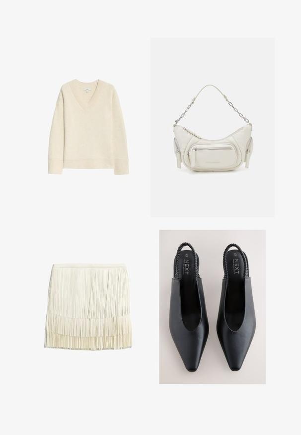 Pull en maille côtelée de couleur crème, avec un col en V, des manches longues et une coupe légèrement décontractée. Finitions avec un ourlet et des détails aux poignets.; Jupe à franges en crème, fabriquée à partir de bandes de tissu superposées. Elle présente une taille ajustée et un design texturé en niveaux avec des franges verticales.; Chaussures slingback en cuir noir avec un bout pointu, des côtés ouverts et une bride tressée à l'arrière. Texture lisse et design minimaliste.; Sac en cuir blanc de forme courbée, avec une bandoulière agrémentée de chaînes et plusieurs poches zippées. Texture lisse avec un logo sur le devant.