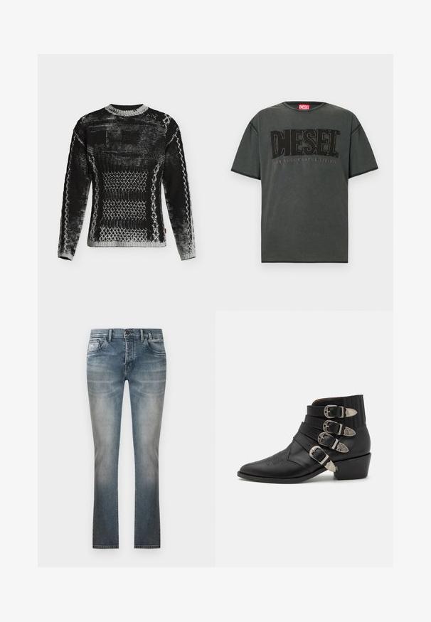Pull en maille noir et gris avec une texture géométrique et à motifs, manches longues et col rond sur fond blanc.; T-shirt à manches courtes gris foncé en coton. Présente un grand logo DIESEL noir et le texte "FOR SUCCESSFUL LIVING" dans un design contrastant.; Jean droit bleu délavé avec poches avant, passants pour ceinture et fermeture par bouton, présenté sur un fond blanc uni.; Bottines en cuir noir avec quatre boucles décoratives en argent, pointe effilée, et un talon empilé avec des détails cannelés au niveau du col.