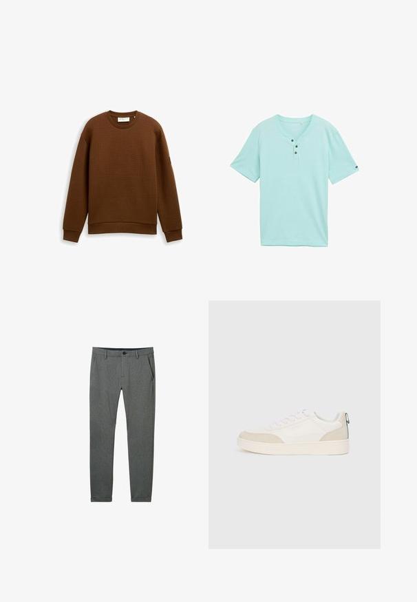 Brauner, strukturierter Sweatshirt mit Rundhalsausschnitt, langen Ärmeln und gerippten Bündchen. Verfügt über ein Etikett am Halsausschnitt und einen geraden Saum.; Hellblau-grünes Henley-Shirt mit kurzen Ärmeln aus weichem Stoff, verfügt über einen abgerundeten Ausschnitt und drei schwarze Knöpfe vorne.; Graue Hose aus strukturiertem Material, mit schlankem Schnitt, Seitentaschen, Gürtelschlaufen und einer einzelnen Knopfverschluss an der Taille.; Weißer Sneaker mit beige Wildlederakzenten, flachen Schnürsenkeln und einer strukturierten Gummisohle. Enthält ein grünes Schlaufen-Detail an der Ferse.