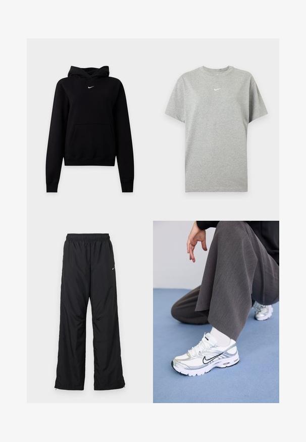 Sort Nike hættetrøje med kængurulomme og lille hvid Nike swoosh-logo centreret nedenfor halsudskæringen, vist på en ensfarvet baggrund.; Grå kortærmet bomuld T-shirt med rund hals og lille hvid Nike swoosh logo centreret på brystet.; Sorte atletikbukser med elastisk taljebånd, sidelommer og løs pasform. Fremstillet af let, glat stof med et subtilt skær.; Hvide og sølv atletik sko med meshej og syntetiske materialer, der har sorte accentlinjer, snørebånd og strukturerede såler.