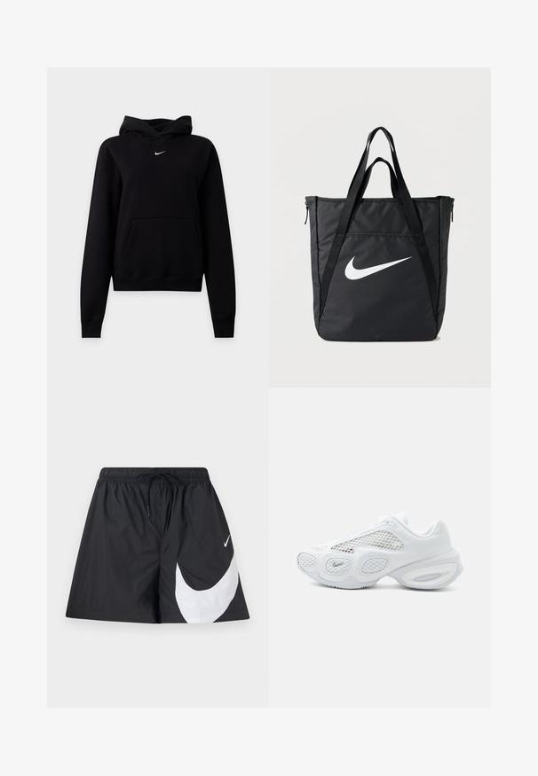 Čierna mikina Nike s klokankovým vreckom a malým bielym logom Nike swoosh umiestneným pod výstrihom, zobrazená na jednofarebnom pozadí.; Čierne šortky vyrobené z ľahkej tkaniny s elastickým pásom a šnúrkou na stiahnutie. Na prednej strane majú veľký dizajn bieleho loga Nike.; Biely športový teniska so sieťovinovými panelmi, zaobleným dizajnom podrážky a malým logom Nike blízko špičky na jednoliatom svetlom pozadí.; Čierna nylonová taška na rameno s dvomi popruhmi, s veľkým bielym logom Nike, zapínaním na zips a elegantným obdĺžnikovým dizajnom.