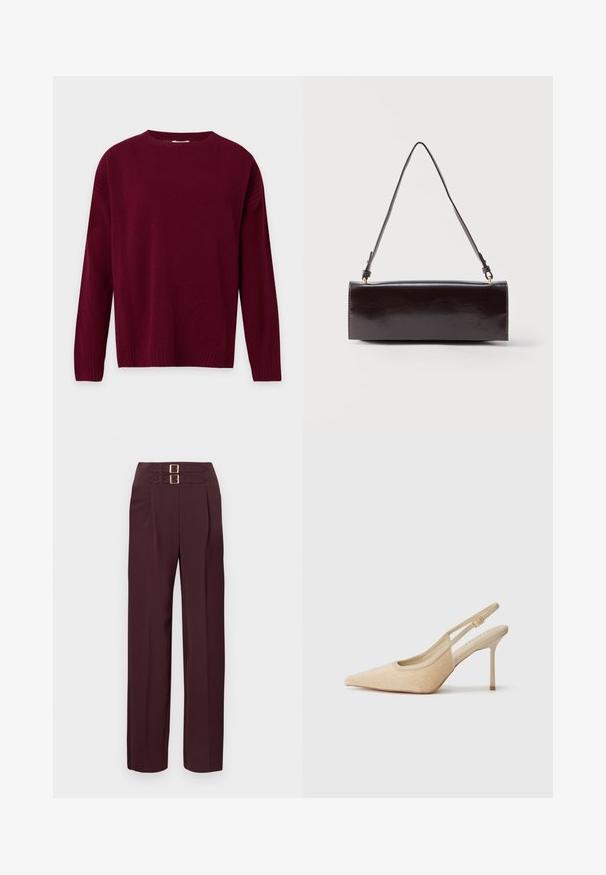 Bordeaux-farvet langærmet crewneck-trøje med ribstrikkede ærmegab og kant, vist mod en ensartet lys baggrund.; Højtaljede mørk bordeauxbukser med to gyldne spænder øverst og et lige ben fit.; Beige slingback højhælede sko med spids tå, lavet af tekstureret materiale, med en slank hæl og justerbar rem.; Rektangulær sort læderhåndtaske med en enkelt lang rem og blank finish, vist mod en ensfarvet hvid baggrund.