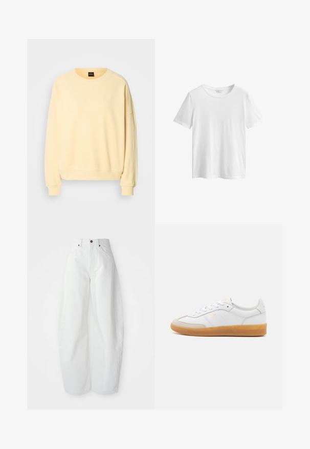 Geel sweatshirt met een ronde hals en lange mouwen. Heeft een zachte textuur en een klein logo op de borst. Ribbelmanchetten en -zoom.; Effen witte korte mouw katoenen T-shirt met ronde hals en GANT-merklabel binnenin de kraag, afgebeeld op een witte achtergrond.; Hoge taille witte spijkerbroek met een losse pasvorm. Voorzien van een knoopsluiting, zijzakken en een minimalistisch ontwerp. Glad textuur.; Witte leren sneaker met beige suède accenten, gumrubberen zool en vetersluiting. Heeft subtiele branding in goud.