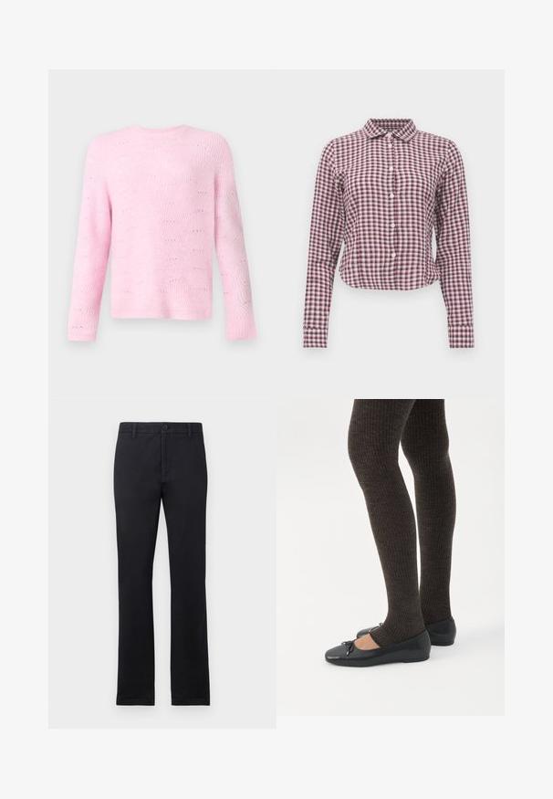 Pull léger rose avec une texture côtelée et un motif en vagues, présentant des manches longues et un col rond, exposé sur un fond neutre.; Chemise à manches longues à boutons avec un motif à carreaux rose et violet. Caractéristiques : col, ourlet arrondi et texture de tissu douce.; Pantalons noirs à jambe droite avec passants de ceinture, bouton avant et fermeture éclair, présentés sur un fond blanc uni.; Jambes portant des leggings côtelés foncés associés à des ballerines noires avec de petits détails en nœud sur fond blanc.