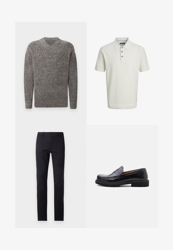 Pull gris en V, texture en tricot, manches longues, bords côtelés et ourlet, motif chiné, tissu de poids moyen.; Polo blanc à manches courtes texturé avec trois boutons sombres et un col classique, présenté sur un fond clair uni.; Pantalons noirs en tissu lisse, présentant une coupe slim, une fermeture à bouton et des poches standard sans motifs ni accents visibles.; Mocassin penny en cuir noir avec semelle en caoutchouc épaisse et couture moc toe, montré de profil sur un fond blanc.