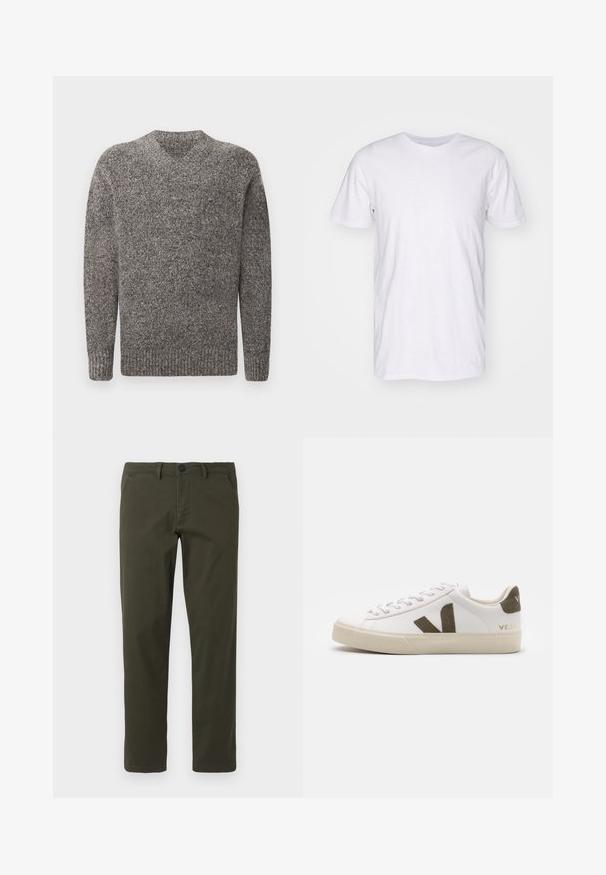 Grå v-hals sweater, strikket tekstur, lange ærmer, ribbede manchetter og kant, meleret mønster, stof af medium vægt.; Selected SLHASPEN SLUB TEE - T-shirts basic - bright white; Olivengrønne, lige ben bukser lavet af en blanding af bomuldsstof. Har en lynlås foran, bæltesløjfer og to sidelommer. Glat tekstur.; Hvide læder sneakers med en lys beige gummisål. Har en brun ruskinds V-logo og hælflap. Snørret lukning med en struktureret overflade.