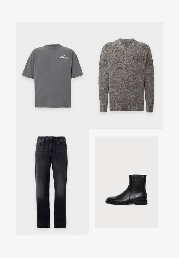 Grijze v-hals trui, gebreide textuur, lange mouwen, geribde manchetten en zoom, gemêleerd patroon, middelgewicht stof.; Donkergrijs T-shirt met korte mouwen en ronde hals met klein wit "ALLSAINTS"-logo op de linker bovenborst.; Zwarte denim jeans met een rechte snit, voorzien van vijf zakken, metalen knoopsluiting en contrasterende stiksels. Soepele textuur.; Zwarte gladde lederen enkellaars met lage hak en zijrits, gelabeld Hugo vlak bij de bovenrand.