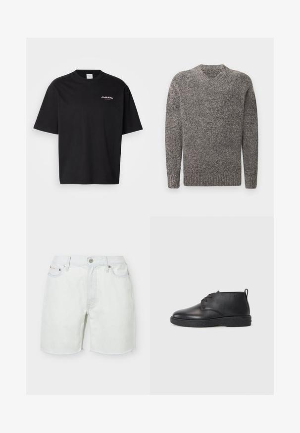 Grauer V-Ausschnitt-Pullover, gestrickte Textur, lange Ärmel, gerippte Bündchen und Saum, melierte Musterung, mittelschwerer Stoff.; Schwarzes Baumwoll-T-Shirt mit lockerer Passform, kurzen Ärmeln und einem weißen Calvin Klein-Logo auf der Brust gedruckt. Glatte Textur, Rundhalsausschnitt.; Weiße Jeansshorts mit vorderer Knopf- und Reißverschluss, fünf Taschen und ausgefransten Säumen.; Schwarze Leder-Stiefeletten mit glatter Textur, abgerundeter Spitze und schwarzer Gummisohle. Verfügt über ein Schnürdesign und eine Fersenschlaufe für ein einfaches Anziehen.