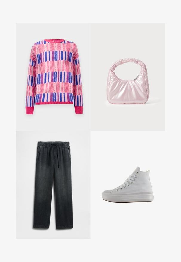Pullover mit Rundhalsausschnitt aus Strick mit rosa, lila und blauen horizontalen und vertikalen Streifenmustern, langen Ärmeln sowie gerippten Bündchen und Saum.; Schwarze Jeanshose mit einem elastischen Bund und Kordelzug, weitem Bein und dezentem Used-Effekt. Mit zwei Seitentaschen.; Weißer High-Top-Canvas-Sneaker mit weißen Schnürsenkeln, metallischen Ösen, dicker Gummisohle und strukturierter Zehenkappe, nach links auf weißem Hintergrund ausgerichtet.; Rosa, gepolsterte Handtasche mit abgerundeter Form, aus glänzendem Material gefertigt. Verfügt über einen gerafften Griff und einen Reißverschluss für sicheren Zugang.