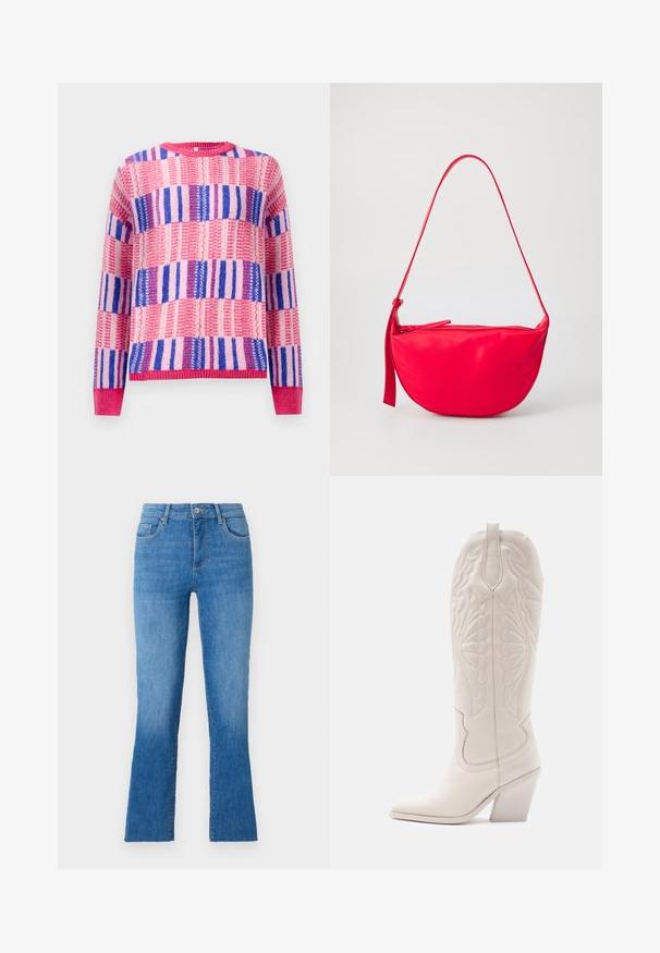 Pull en tricot à col ras du cou avec des motifs de rayures tissées horizontales et verticales en rose, violet et bleu, manches longues et bords côtelés.; Jeans en denim bleu avec une jambe évasée, dotés d'une taille mi-haute, de cinq poches et d'une fermeture à bouton argent classique. Texture lisse.; Bottine de cowboy en cuir blanc avec un bout pointu et un talon bloc. Présente des motifs de broderie complexes sur la tige et une texture lisse.; Sac à épaule en cuir rouge avec une forme courbée, une fermeture éclair et une fine sangle réglable. Texture lisse avec des détails de couture.