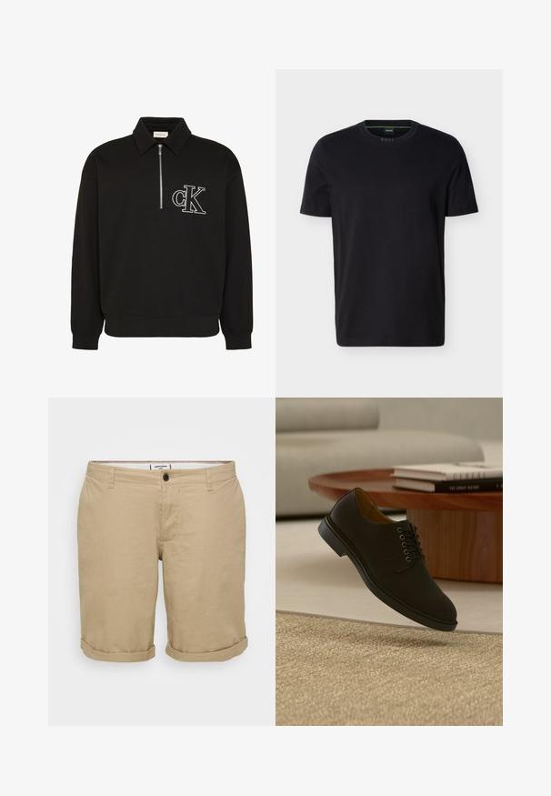 Pull noir à manches longues avec col, demi-fermeture éclair à l'avant, et logo "cK" brodé en blanc sur la poitrine gauche.; T-shirt noir à manches courtes avec col ras du cou, portant une petite étiquette verte « BOSS » à l'intérieur du col.; Shorts beige clair à coupe droite, en coton. Présentent un bouton frontal unique, des poches latérales et des ourlets retroussés.; Chaussure habillée noire en cuir à lacets flottant au-dessus d’un tapis beige texturé avec une table basse en bois et des livres empilés en arrière-plan.