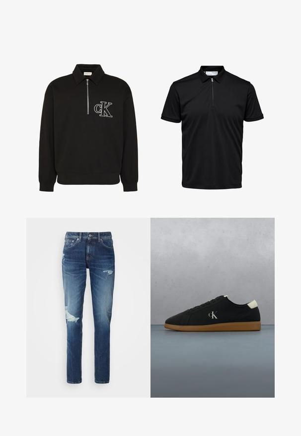 Schwarzer Langarm-Pullover mit Kragen, halbem Frontreißverschluss und weiß besticktem "cK" Logo auf der linken Brust.; Schwarzes kurzärmeliges Polohemd mit Reißverschluss am Kragen und strukturierten Bündchen, dargestellt vor weißem Hintergrund.; Jeans aus Denim in einem dunklen Waschung mit ausgefransten Details, einschließlich Rissen an den Knien und einem geraden Bein-Schnitt. Mit Metallknopf- und Nietenakzenten.; Schwarze Leinensneaker mit einer Gummisohle, featuring einem silbernen "cK"-Logo an der Seite und einem weißen Akzent an der Ferse. Niedrig geschnittenes Design.