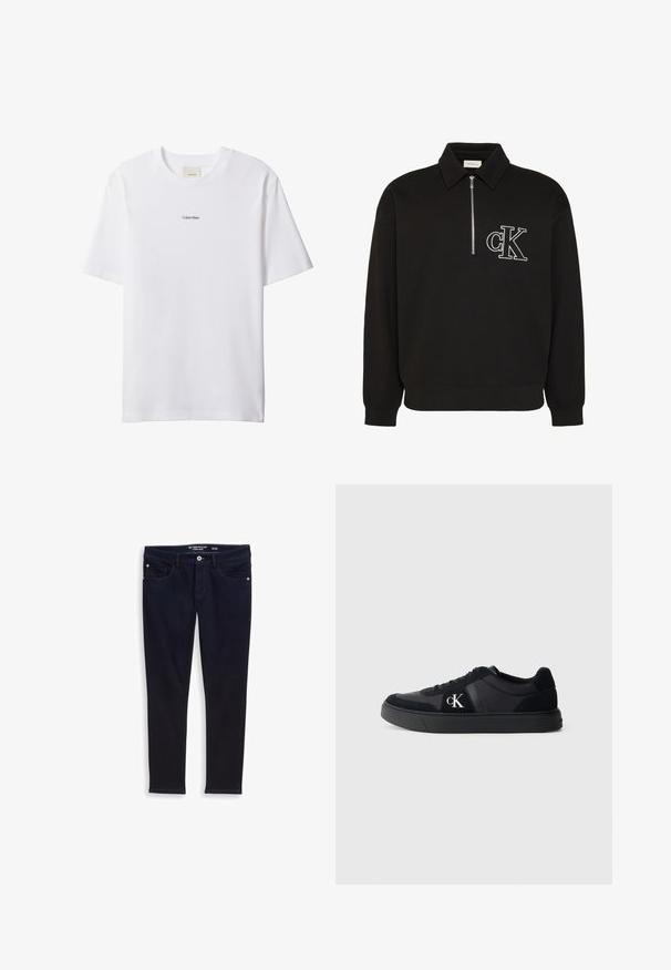 Zwarte lange mouwen trui met kraag, halve rits aan de voorkant en wit geborduurd "cK" logo op de linkerborst.; Witte katoenen T-shirt met een ronde hals en korte mouwen. Heeft een klein zwart "Calvin Klein"-logo in het midden van de borst.; Donkerblauwe, slim-fit jeans met vijf zakken, een knoopsluiting en een stevige denimstof. Heeft een klassiek ontwerp en minimale stiksels.; Zwarte lage sneaker met vetersluiting, suède accenten en wit "cK" logo aan de zijkant, tegen een effen lichtgrijze achtergrond.