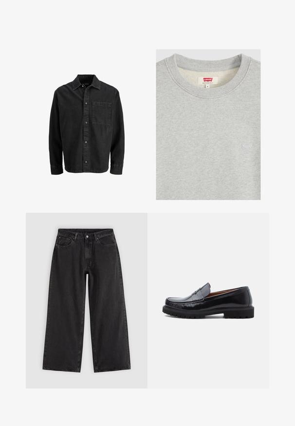 Sweat-shirt gris clair à col rond avec petit logo blanc Levi's brodé sur la poitrine et étiquette rouge Levi's à l'intérieur du col indiquant la taille M.; Veste en denim noir avec une coupe droite, fermeture à boutons, col pointu et une poche poitrine unique. Présente un tissu texturé et des coutures visibles.; Jean en denim noir à jambes larges avec poches avant, passants pour ceinture et fermeture par boutons, présenté sur un fond clair uni.; Mocassin penny en cuir noir avec semelle en caoutchouc épaisse et couture moc toe, montré de profil sur un fond blanc.