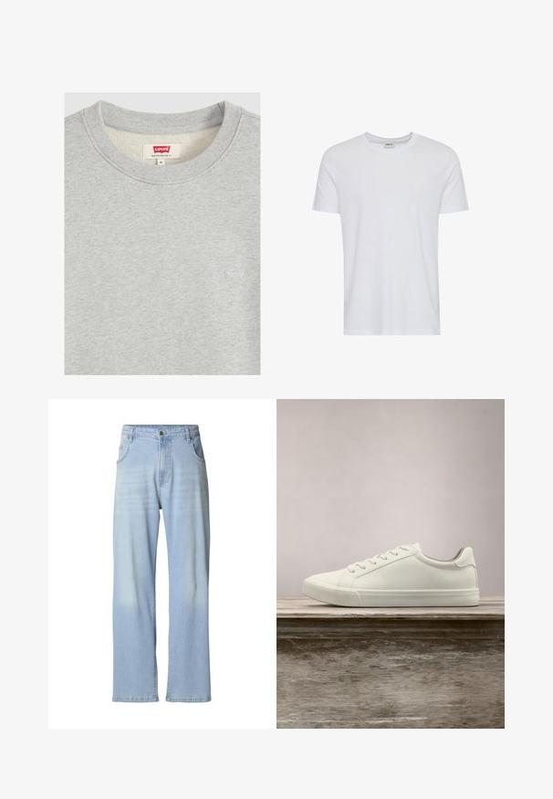Lysegrå sweatshirt med rund halsudskæring med lille hvid Levi's-logo broderi på brystet og rød Levi's-mærkat inde i kraven med angivet størrelse medium.; Plain hvid kortærmet t-shirt med rund hals, vist på en hvid baggrund, med et lille nakke-label, der viser mærket “Solid”.; Lyseblå denimjeans med rette ben, der har subtile falmede detaljer, fem lommer og en metalknaplukning i linningen.; Hvide snørresneakers svævende over en træbænk med grønne planter i baggrunden, der fremhæver skodesign og tekstur.