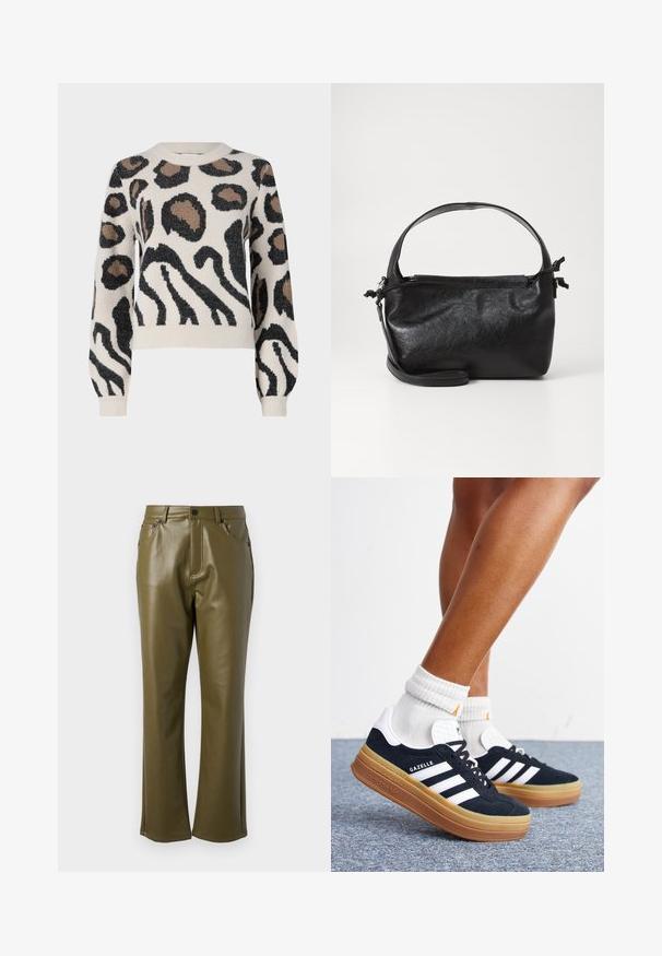 JDY LORRAINE - Pullover - cement; Pantalon en simili cuir vert olive avec une coupe droite. Dispose de poches avant et d'une fermeture éclair avec un bouton en métal. Texture lisse.; Jambes portant des chaussettes blanches et des baskets Adidas Gazelle noires avec des bandes blanches et des semelles épaisses marron sur un sol recouvert de moquette grise.; Sac à main en cuir noir au design structuré, avec une poignée arrondie et une bandoulière amovible. Présente une texture lisse et un éclat subtil.