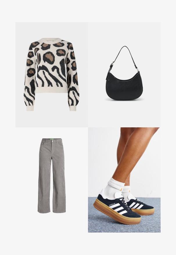 JDY LORRAINE - Striktrøje - cement; Grå fløjl bredbenede bukser med knaplukning og bæltestropper. Har to sidelommer og et blødt, tekstureret stof.; Ben iført hvide sokker og sorte Adidas Gazelle sneakers med hvide striber og tykke brune såler på et gråt tæppe.; Sort hobo taske lavet af glat læder med en buet silhuet, der har en enkelt justerbar skulderrem og minimalistiske designdetaljer.
