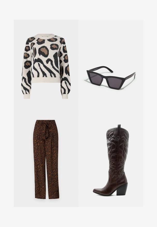 JDY LORRAINE - Striktrøje - cement; Brune og orange mønstrede bukser med et bindebælte, vid ben design, glat stof, med en abstrakt leopardprint tekstur.; Høj mørkebrun læder cowboystøvle med syede dekorative mønstre, spids tå og stablet blokhæle.; Sorte, kantede solbriller med grå linser; lavet af plast, med tykke stænger med en glat overflade og ingen synlig hardware.