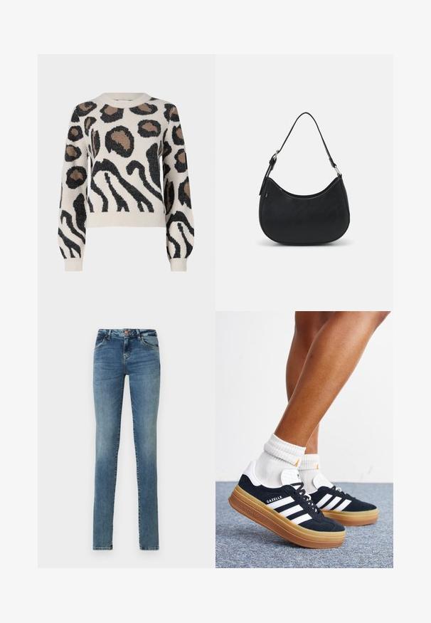 JDY LORRAINE - Pullover - cement; Jeans skinny en denim bleu clair, avec une fermeture à bouton, cinq poches, un léger délavage et un design classique.; Jambes portant des chaussettes blanches et des baskets Adidas Gazelle noires avec des bandes blanches et des semelles épaisses marron sur un sol recouvert de moquette grise.; Sac hobo noir en cuir lisse avec une silhouette arrondie, doté d'une seule sangle ajustable et de détails de design minimalistes.
