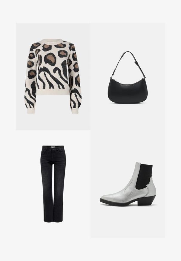JDY LORRAINE - Strickpullover - cement; ONLY BLUSH MID STRAIGHT NOOS - Jeans Straight Leg - washed black; ONLY SHOES ONLBRONCO SHORT - Cowboy-/Bikerstiefelette - silver; Pieces PCALUANA SHOULDER BAG - Handtasche - black