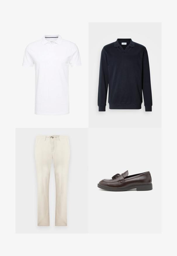 Polo à manches longues bleu marine avec un col en V, en coton doux, avec un col et des poignets côtelés, présentant un design minimaliste épuré.; Polo shirt blanc en coton, avec un col traditionnel, des manches courtes et une patte de boutonnage à trois boutons, avec des accents navy discrets à l'intérieur.; Pantalon beige décontracté avec poches avant, fermeture éclair et taille à cordon, coupe droite, présenté sur un fond uni.; Mocassins en cuir marron avec un bout arrondi, un gland décoratif, des coutures raffinées et un petit talon en caoutchouc pour un confort supplémentaire.