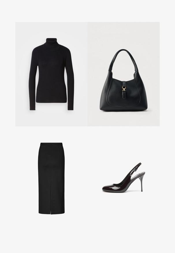 Must mustrikkide turtleneck-sviiter, millel on pikad varrukad. Valmistatud kudumaterjalist, millel on peenike disain. Sile tekstuur ja kõrge kaeluse detail.; Mustast siledast kangast must pliiatsseelik, millel on põlveni ulatuv lõige, kaunis küljeõmblus ja puhas õmblus. Muster ega detailid pole nähtavad.; Burgundy lakknahk kingad kontsadega, ümmarguse ninaga, peene kõrge kontsaga ja reguleeritava rihmaga. Sile tekstuur läikiva viimistlusega.; Must nahast käekott tekstureeritud pinnaga, kaardus kujuga ja kuldse tooni metalldetailidega. Varustatud ühe sangaga ja klambri detailiga.