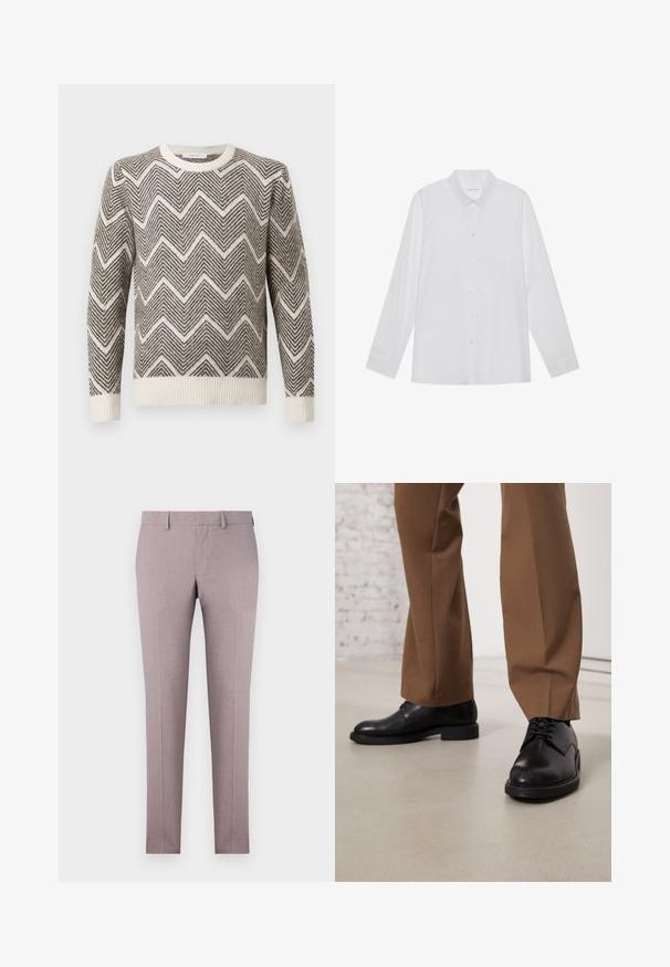 Grå og hvid zigzag-mønstret sweater med rund hals og ribbede manchetter og kant. Fremstillet af et struktureret strikmateriale.; Hvid langærmet skjorte lavet af glat stof, med spidse krave, frontknaplukning og enknapsmanchetter.; Skræddersyede bukser i lys lavendelstof med en glat tekstur, flad front og lige ben design. Ingen synlige mønstre eller accenter.; Sorte læder sko med glat overflade og rund tå, der har snørebåndslukning og en lav, flad sål. Sammen med brune bukser.