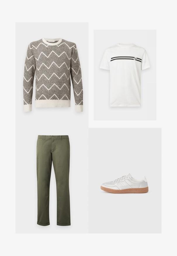 Pull en gris et blanc à motifs en zigzag, avec un col rond et des poignets et un ourlet côtelés. Fabriqué en maille texturée.; T-shirt blanc à manches courtes avec deux bandes horizontales noires sur la poitrine et un petit logo en forme de lettre "P" sur le côté droit.; Pantalons en coton vert olive avec une coupe droite, ourlets retroussés, poches avant et fermeture à bouton. Texture lisse avec des détails de couture subtils.; Baskets argentées avec une texture lisse, un design à lacets, des accents perforés et une semelle en caoutchouc marron texturé.