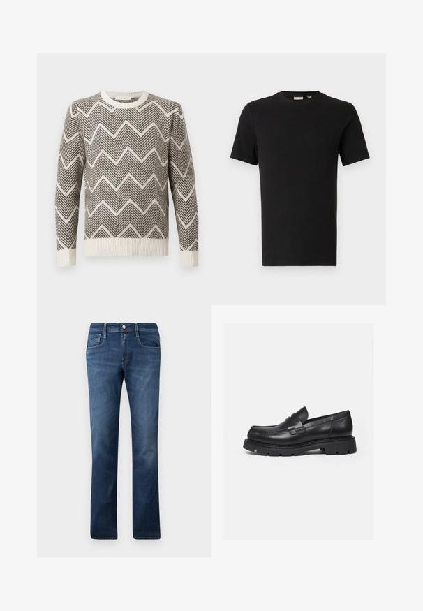 Grau-weißer Pullover mit Zickzackmuster, Rundhalsausschnitt sowie gerippten Bündchen und Saum. Aus einem strukturierten Strickmaterial gefertigt.; Schwarzes T-Shirt mit kurzen Ärmeln und Rundhalsausschnitt aus geripptem Stoff, dargestellt auf einem neutralen hellgrauen Hintergrund.; Blaue Denim-Jeans mit geradem Schnitt, ausgestattet mit Fronttaschen, einem Reißverschluss und einem Knopfverschluss. Mittlere Waschung mit subtilen Ausbleichungen.; Schwarzer Lederloafer mit dicker, profilierter Sohle und Pennyriemen-Detail, von der rechten Seitenansicht auf weißem Hintergrund gezeigt.