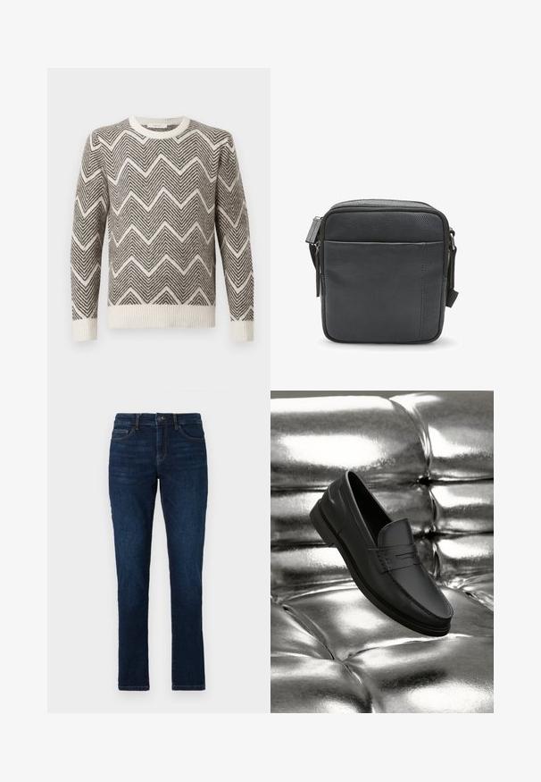 Grau-weißer Pullover mit Zickzackmuster, Rundhalsausschnitt sowie gerippten Bündchen und Saum. Aus einem strukturierten Strickmaterial gefertigt.; Dunkelblaue Jeans im Slim-Fit-Stil mit dem klassischen Fünf-Taschen-Design sowie einer Knopf- und Reißverschlussbefestigung. Glatte Textur mit minimalem Verblassen.; Schwarze Lederloafers mit glatter Oberfläche, mit Ziernähte und klassischem Design, präsentiert vor einem metallischen, glänzenden Hintergrund.; Schwarze Leder-Crossbody-Tasche mit strukturiertem Finish, ausgestattet mit einem oberen Reißverschluss und einer vorderen Reißverschlusstasche. Kompaktes und quadratisches Design.