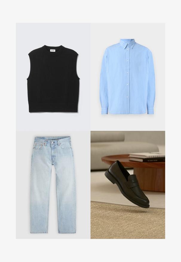 Black sleeveless sweater made from soft knit fabric. Ribbed crew neckline and hem. Simple design with no additional patterns or accents.; Light blue button-up shirt made of smooth fabric, featuring vertical white stripes, a pointed collar, and long sleeves with buttoned cuffs.; Light blue denim jeans with a relaxed fit, featuring five pockets, a button closure, and subtle orange stitching details.; Black leather loafer shoe displayed mid-air above beige woven rug, with wooden table and stacked books in softly lit living room.