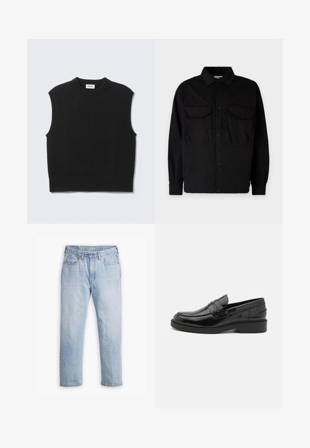 Schwarzer ärmelloser Pullover aus weichem Strickstoff. Gerippter Rundhalsausschnitt und Saum. Schlichtes Design ohne zusätzliche Muster oder Akzente.; Jack & Jones JCOHELVETICA PARACHUTE OVERSHIRT - Hemd - black; Helle blaue Denim-Jeans mit geradem Bein, im Fünf-Taschen-Stil und kontrastierenden Nähten. Knopf- und Reißverschluss an der Taille.; Schwarze Lederloafers mit glatter Oberfläche, abgerundetem Zehenbereich, niedrigem Absatz und dekorativer Naht entlang der Vorderseite. Gummisohle für guten Halt.