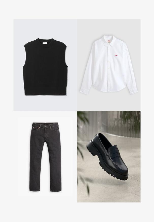 Sort ærmeløs sweater lavet af blødt strikket stof. Ribstrikket rund halsudskæring og kant. Enkel design uden yderligere mønstre eller detaljer.; Hvid langærmet skjorte med knapper og krave samt lille rødt Levi's-logo på venstre brystområde på en neutral baggrund.; Sorte straight-leg denim jeans med fem lommer, knaplukning og copper nitter liggende fladt på en hvid baggrund.; Sorte læder loafers med en chunky sål, der har en dekorativ rem og syninger. Glat tekstur med en poleret overflade.