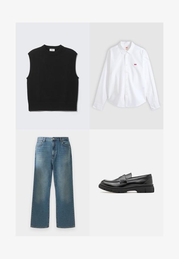 Zwarte mouwloze trui gemaakt van zachte gebreide stof. Geribbelde ronde hals en zoom. Eenvoudig ontwerp zonder extra patronen of accenten.; Witte blouse met lange mouwen, knoopsluiting en kraag, met klein rood Levi's-logo op het linkerborstgedeelte op een neutrale achtergrond.; Blauwe denim jeans met een wijde pijp, voorzien van een vervaagde wassing, een klassiek vijf-pocket ontwerp en een metalen knoopsluiting bij de taille.; Zwarte leren instapper met een brede band over de voet, rubberen zool met dikke noppen en een gladde textuur. Klassiek, strak ontwerp.