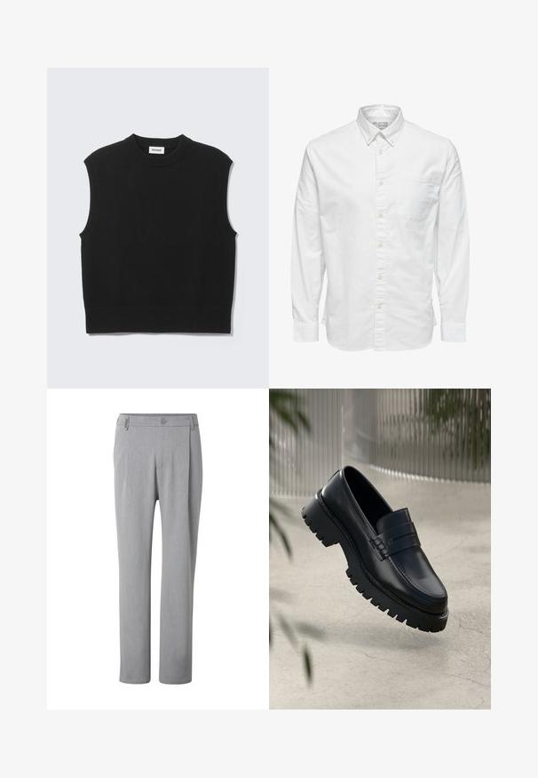 Suéter negro sin mangas confeccionado con tejido de punto suave. Cuello redondo y bajo acanalados. Diseño sencillo sin patrones ni detalles adicionales.; Camisa blanca de manga larga con botones, cuello y bolsillo en el pecho, con la etiqueta "Selected Homme" en el interior del cuello.; Pantalones gris claro de pierna recta con botón y trabillas, mostrados de frente sobre un fondo blanco.; Mocasines de cuero negro con suela gruesa, que presentan una correa decorativa y detalles de costura. Textura suave con un acabado pulido.