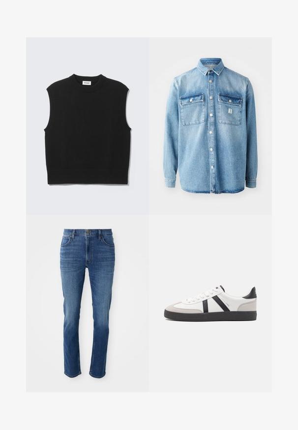 Sort ærmeløs sweater lavet af blødt strikket stof. Ribstrikket rund halsudskæring og kant. Enkel design uden yderligere mønstre eller detaljer.; Lys blå denimskjorte med lange ærmer, spidse krave, to brystlommer og frontknaplukning. Har en subtil stoftekstur og syningsdetaljer.; Blå denim jeans med lige snit, fem lommer og lynlås. Har subtle farvefading og kontraststing langs sømmene.; Hvide sneakers med sorte og grå detaljer, med en tekstureret grå tåhætte, sort gummisål og flade hvide snørebånd. Rent design, minimalistisk stil.