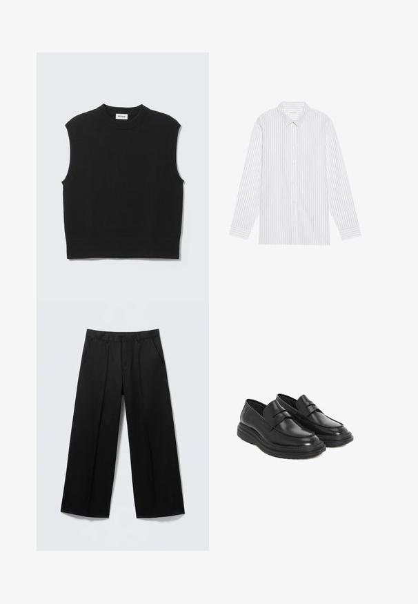 Suéter negro sin mangas confeccionado con tejido de punto suave. Cuello redondo y bajo acanalados. Diseño sencillo sin patrones ni detalles adicionales.; Camisa blanca de botones con finas rayas verticales negras, que presenta un cuello clásico y mangas largas con puños abotonados.; Pantalones negros de pierna ancha con trabillas para cinturón, bolsillos delanteros y cierre de cremallera, exhibidos sobre un fondo gris claro.; Mocasines de cuero negro con punta redondeada, detalles de costura y una suela de goma con plataforma. Presentan una correa decorativa a lo largo del empeine.