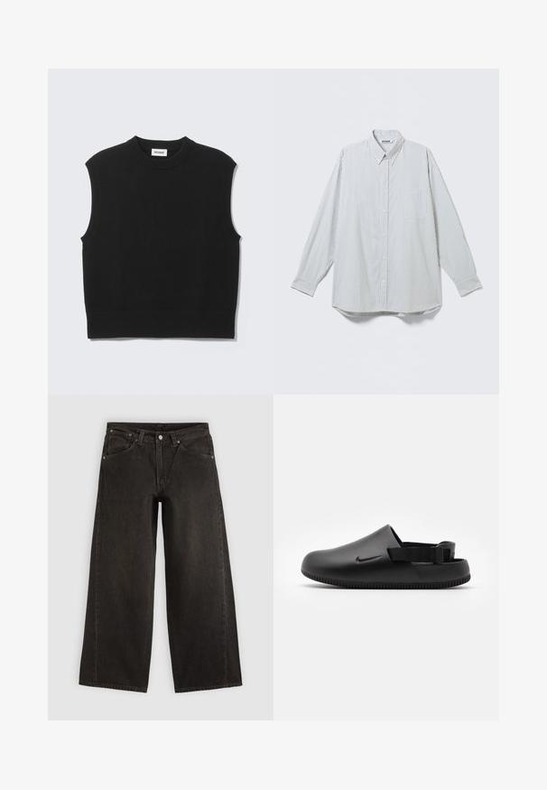 Pull sans manches noir en tissu tricoté doux. Encolure ronde côtelée et ourlet côtelé. Design simple sans motifs ni accents supplémentaires.; Chemise blanche à manches longues boutonnée avec fines rayures noires verticales et poche poitrine, présentée à plat sur un fond clair.; Jean noir à jambes larges avec poches avant, fermeture par boutons et passants de ceinture, présenté à plat sur un fond clair.; Sabots noirs moulés avec une texture lisse, une sangle à l'arrière pour la stabilité et une semelle à rainures pour l'adhérence. Présente un petit logo sur le côté.