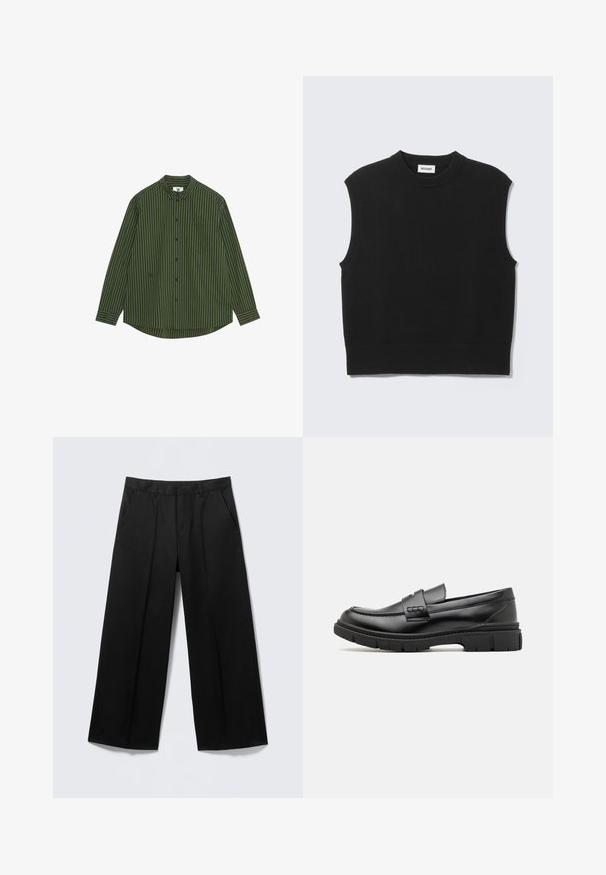 Sort ærmeløs sweater lavet af blødt strikket stof. Ribstrikket rund halsudskæring og kant. Enkel design uden yderligere mønstre eller detaljer.; Langærmet skjorte i mørkegrønne og marineblå lodrette striber, med en knappet krave, lomme på venstre bryst og en buet kant.; Sorte vidde-bukser med bæltestropper, forlommer og lynlås foran, vist på en lysegrå baggrund.; Sort læder loafersko med en bred rem over forfoden, gummisål med tykke mønstre og glat overflade. Klassisk, slankt design.