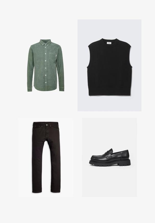 Pull sans manches noir en tissu tricoté doux. Encolure ronde côtelée et ourlet côtelé. Design simple sans motifs ni accents supplémentaires.; Chemise en velours côtelé vert avec un col boutonné, des manches longues, une poche sur la poitrine gauche et des boutons blancs. Finition texturée.; Jean slim noir avec cinq poches et fermeture à bouton, présenté à plat sur un fond blanc.; Mocassin en cuir noir avec semelle épaisse crantée et détail de bride penny, présenté en profil droit sur fond blanc.