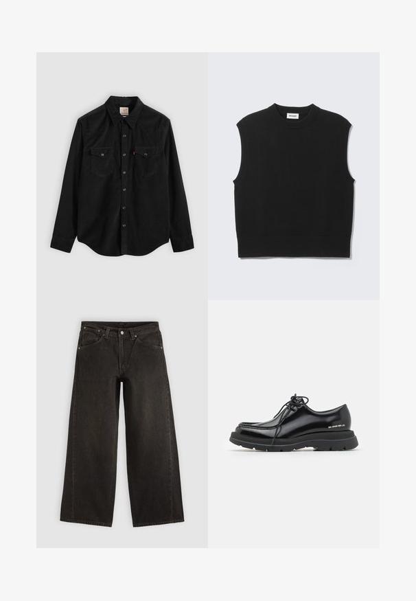 Sort ærmeløs sweater lavet af blødt strikket stof. Ribstrikket rund halsudskæring og kant. Enkel design uden yderligere mønstre eller detaljer.; Sort corduroy-skjorte med lange ærmer, knaplukning, to brystlommer og en spids krave. Tekstureret stof med en glat finish.; Sorte vidbenede denimjeans med forlommer, knaplukning og bæltestropper, vist fladt på en lys baggrund.; Sorte læder dressko med rund tå, tyk gummisål, snørebåndsdesign og markant syning langs kanten.