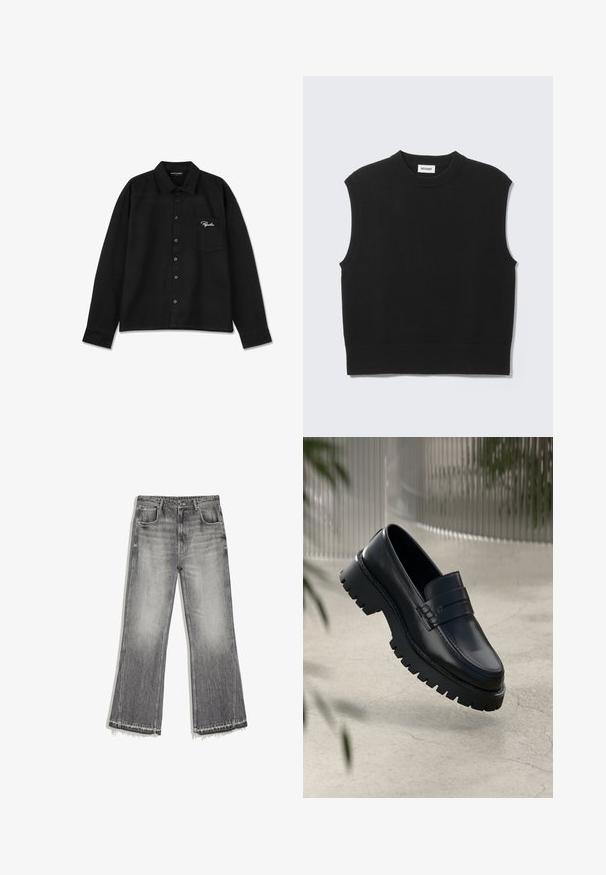 Sort ærmeløs sweater lavet af blødt strikket stof. Ribstrikket rund halsudskæring og kant. Enkel design uden yderligere mønstre eller detaljer.; Sort langærmet skjorte lavet af stof, med krave, knap-lukning foran, enkelt brystlomme og broderet logo i hvid på lommen.; Grå cowboybukser med højt talje, forlommer, knap- og lynlåslukning og let udvidede ben med rå kanter.; Sorte læder loafers med en chunky sål, der har en dekorativ rem og syninger. Glat tekstur med en poleret overflade.