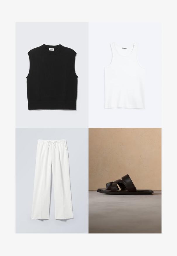 Suéter negro sin mangas confeccionado con tejido de punto suave. Cuello redondo y bajo acanalados. Diseño sencillo sin patrones ni detalles adicionales.; Camiseta sin mangas blanca con cuello redondo y etiqueta de la marca Weekday en el interior del cuello trasero, mostrada plana sobre un fondo claro.; Pantalones blancos de pierna ancha con cintura elástica y cordón, con bolsillos laterales y una tela lisa ligeramente texturizada.; Sandalia deslizante de cuero negro con tres tiras cruzadas, suela plana y textura suave, suspendida sobre una alfombra de fibra natural tejida.