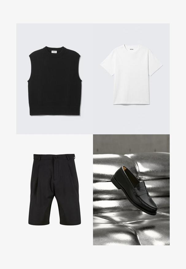 Pull sans manches noir en tissu tricoté doux. Encolure ronde côtelée et ourlet côtelé. Design simple sans motifs ni accents supplémentaires.; T-shirt blanc à manches courtes et col rond, étalé à plat, design uni, avec l'étiquette "WEEKDAY" à l'intérieur du col sur un fond clair.; Shorts noirs en tissu lisse avec une coupe ajustée, dotés d'une fermeture à bouton à l'avant, de plis et de poches latérales.; Mocassin en cuir noir flottant au-dessus d'un canapé en cuir argenté brillant matelassé à boutons dans un décor minimaliste.